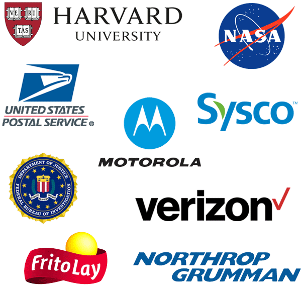 Customers: Harvard, NASA, US Postal Service, Sysco, Motorola, FBI, Verizon, FritoLay, Northrop Grumman